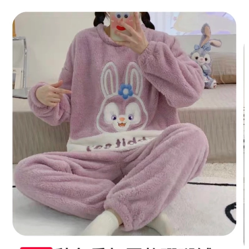 Bộ ngủ lông cừu 2 mặt mượt mà thêu thỏ tím Rabit form rộng ấm áp Set đồ mặc nhà pyjama lông gấu dễ thương hàn quốc, SUBA