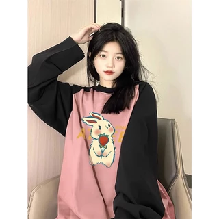 NRVP Mới 100% cotton phong cách hàn quốc in oversize dài tay áo thun cổ tròn cơ bản in tees