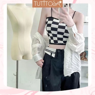 Áo hai dây nữ có mút ngực kiểu dáng croptop kẻ ô caro đen trắng siêu xinh