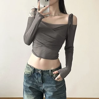 Kliou Thời Trang Đơn Giản Trơn Dài Tay Rời Vai Áo Thun Lưới Chắp Vá Mỏng Co Giãn Crop-top Thường Ngày Nữ