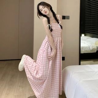 Đầm 2 dây  caro xòe dáng  Váy dài chữ A   đầm babydoll  chun kẻ giảm eo