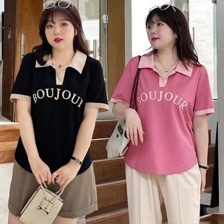 [Plus Size] (40-150kg) Áo polo Ngắn Tay Dáng Rộng Màu Tương Phản Phong Cách Pháp Cho Nữ