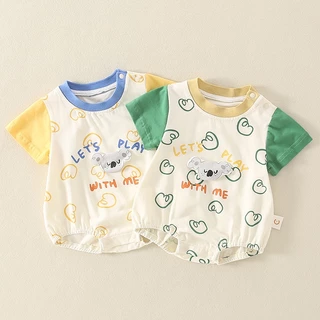 Bộ Áo Liền Quần Ngắn Tay Vải Cotton Mỏng In Hình Gấu Dễ Thương Thời Trang Mùa Hè Cho Bé Sơ Sinh