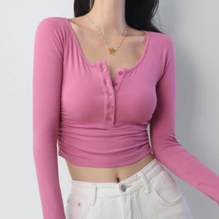 Châu Âu Mỹ Cơ Bản Phong Cách Xếp Ly Skinny Ngắn Tay Cổ Tròn Màu Trơn Có Ren Top Hẹp Mỏng-Fit Slim-Fit Ôm Hơn Nút Áo Thun Nữ Dài Tay Gợi Cảm Cao Cấp