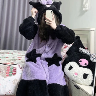 Phong cách dễ thương kuromi coral fleece váy ngủ 2022 mùa thu đông lông cừu dày flannel đồ ngủ phụ nữ váy ngủ mùa đông wxgs