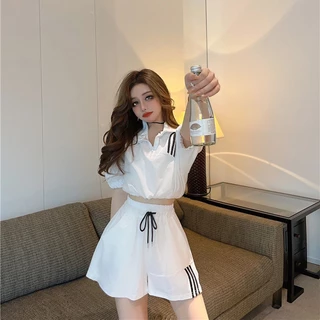 New sports style suit Korean style short sleeve open navel top fashionable wide leg shorts two-piece suit for girls casual clothes