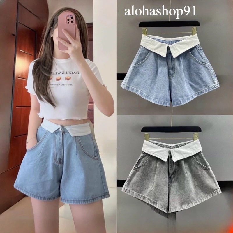 QUẦN JEANS SHORT XOÈ LƯNG CAO LẬT BẢNG LƯNG TRẮNG alohashop91