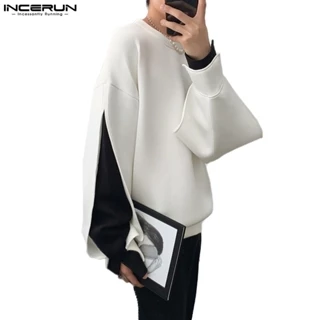 Áo sweater INCERUN cổ tròn dáng rộng giả hai lớp phối màu tương phản phong cách cá tính