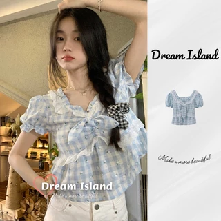 『Dream Island』Áo CROPTOP Ngắn Tay Dáng Ôm Họa Tiết Kẻ Sọc Đính Nơ Phối Ren Hoa Dễ Thương Cho Nữ