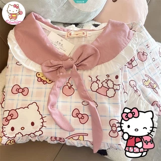 Sanrio two-piece set pyjamas dài tay áo trên cùng quần ống rộng hello kitty quần áo mặc nhà mềm mại cho phụ nữ váy ngủ y2k mới [gm]