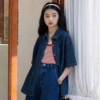 Áo Sơ Mi Denim Tay Ngắn Dáng Rộng Thời Trang Mùa Hè Dành Cho Nữ