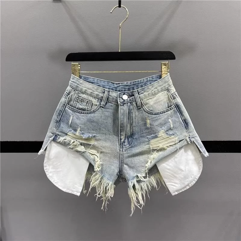 Quần Short Denim Rách Tua Rua Lưng Cao Ống Rộng Thời Trang Mùa Hè 2023 Mới Cho Nữ