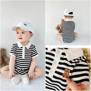 Áo Liền Quần Polo Tay Ngắn Bằng Vải Cotton In Họa Tiết Kẻ Sọc Dễ Thương Thời Trang Mùa Hè Cho Bé Trai / Gái 0-2 Tuổi