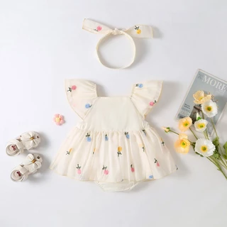 Bộ Áo Liền Quần + Băng Đô Bằng Cotton In Hoa Dễ Thương Thời Trang Mùa Hè Cho Bé Gái 0-2 Tuổi