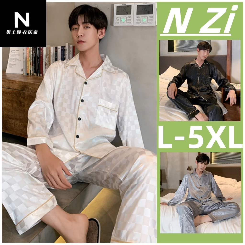 Bộ Đồ Ngủ Lụa satin Dài Tay plus size l-5xl baju tidur lelaki Dành Cho Nam