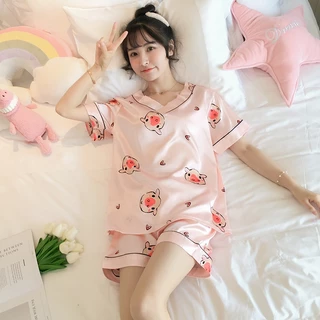 Bộ đồ ngủ nữ phù hợp với quần short ngắn tay kích thước lớn rời băng lụa lụa cổ chữ v hoạt hình dễ thương in rời nhà dịch vụ phù hợp với