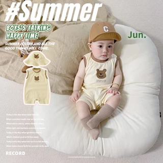 Ins summer new baby boys and girls bodysuit không tay + mũ 0-24 tháng bé bông mỏng phim hoạt hình gấu nhỏ romper có mũ phong cách hàn quốc