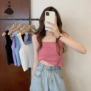 Áo Croptop Dệt Kim Hai Dây Màu Trơn Thời Trang Mùa Hè Quyến Rũ Cho Nữ