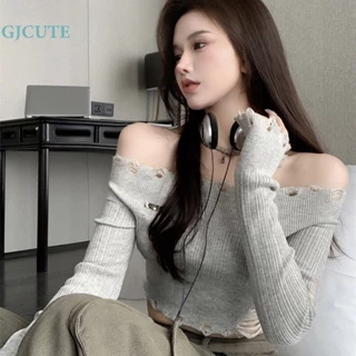 Áo croptop GJCUTE trễ vai dệt kim phong cách retro sexy cho nữ