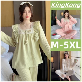 Plus Bộ Đồ Ngủ Tay Dài Chất cotton Màu Trơn Thời Trang Mùa Thu Xinh Xắn Cho Nữ size m-5xl