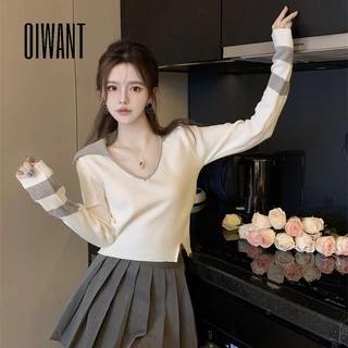 Oiwant women 2023 màu tương phản vneck dài tay áo len mỏng gợi cảm giản dị