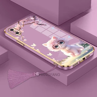 Ốp Điện Thoại TPU Silicon Mềm Mạ Viền Hình Mèo Kèm Dây Đeo Tua Rua Cho iPhone x xs xr xs max