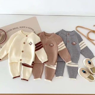 Set Áo Khoác Cardigan Dệt Kim + Quần Dài Màu Sắc Đơn Giản Thời Trang Thu Đông Cho Bé