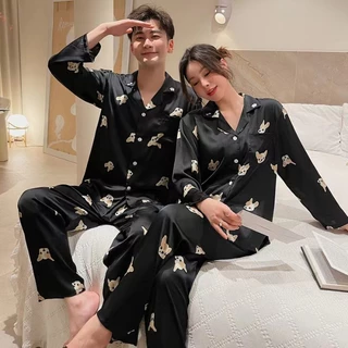 Bộ Đồ Ngủ Pijama Tay Dài Vải Lụa In Hoạt Hình Chó Luckey Cỡ M-3XL Thời Trang Cho Cặp Đôi