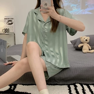 Ice Silk Jacquard Quần Short Tay Ngắn Bộ Đồ Ngủ Nữ Mùa Hè Mỏng Cardigan Phù Hợp Với Loungewear