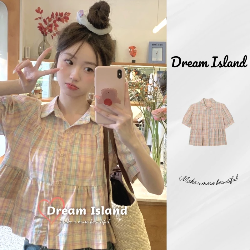 『Dream Island』Áo Croptop Tay Phồng Ngắn Dáng Rộng Dễ Thương Cho Bạn Gái