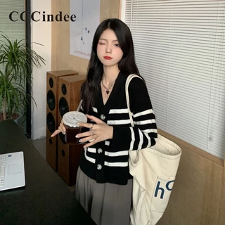 Cccindee Áo Khoác cardigan Cổ Chữ v Tay Dài Dáng Rộng Hoạ Tiết Kẻ Sọc Màu Tương Phản Thời Trang 2023 Dành Cho Nữ