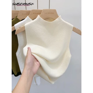 Sugemiusi Áo sweater Dệt Kim Cổ Cao Không Tay Thời Trang Mùa Thu Dành Cho Nữ