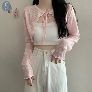 Áo Khoác cardigan Mỏng Tay Dài Màu Trơn Cột Dây Thời Trang Mùa Hè Cho Nữ