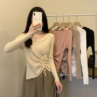 Áo sweater Dệt Kim Tay Dài Dáng Ôm Phối Dây Rút Thời Trang Mùa Thu Cho Nữ