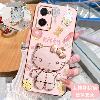 ốp lưng OPPO A76 4G A96 4G 3D Hello Kitty Cat Ốp Điện thoại Case Holder Silicon Mềm Chống Sốc Mạ Điện Gắn Gương Trang Điểm OPPO A76 4G A96 4G phong cách mới trường hợp điện thoại cô gái