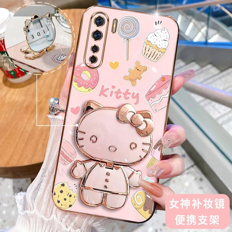 ốp lưng OPPO Reno 3 a91 3D Hello Kitty Cat Ốp Điện thoại Case Holder Silicon Mềm Chống Sốc Mạ Điện Gắn Gương Trang Điểm OPPO Reno 3 a91 phong cách mới trường hợp điện thoại cô gái