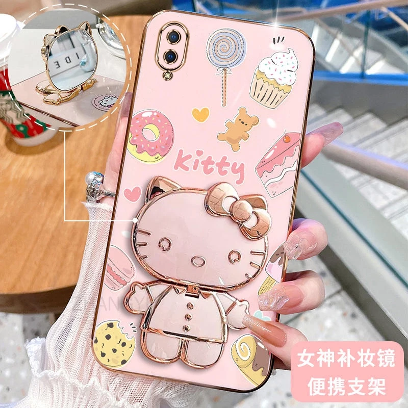 ốp lưng VIVO Y93 Y91C Y1S VIVO Y70 Y90 3D Hello Kitty Cat Ốp Điện thoại Case Holder Silicon Mềm Chống Sốc Mạ Điện Gắn Gương Trang Điểm VIVO Y93 Y91C Y1S VIVO Y70 Y90 phong cách mới trường hợp điện thoại cô gái