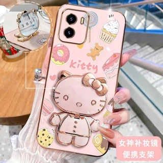 Ốp lưng Vivo Y15S 2021 Y15A Y17S Y100 Vỏ điện thoại silicon chống sốc thiết kế mới Mèo Hello Kitty có gương trang điểm Giá đỡ 3D di động và Vỏ mềm