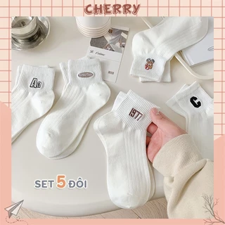 Tất vớ nữ màu trắng cổ ngắn họa tiết basic, chất liệu cotton co giãn 4 chiều - Cherry Shop