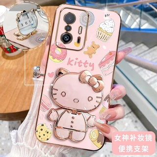 ốp lưng Xiaomi 11T pro 3D Hello Kitty Cat Ốp Điện thoại Case Holder Silicon Mềm Chống Sốc Mạ Điện Gắn Gương Trang Điểm Xiaomi 11T pro phong cách mới trường hợp điện thoại cô gái