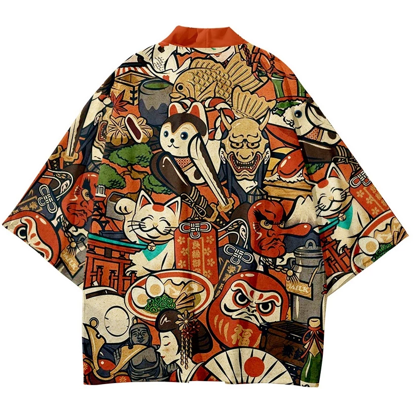 Áo Khoác kimono In Hình Mèo samurai Truyền Thống Nhật Bản harajuku Cho Nam Nữ