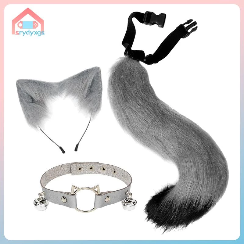 3x Tai Và Đuôi Bộ Mũ Cổ Vòng Choker Bộ Tóc Cosplay