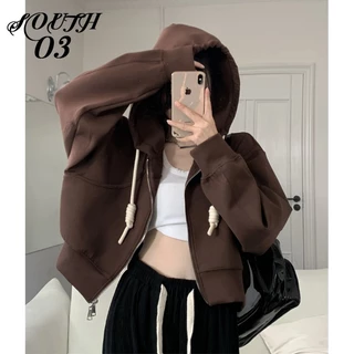 Áo Khoác sweater Có Mũ Trùm Dáng Rộng Phối Khóa Kéo Kiểu Hàn Quốc Thời Trang Thu Đông Cho Nữ