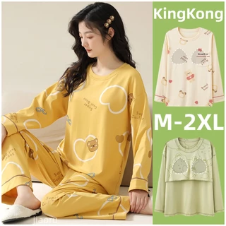 Bộ Đồ Ngủ cotton Tay Dài Dáng Rộng Có Mút Đệm Ngực Dễ Thương Xinh Xắn Cho Nữ Size m-2xl