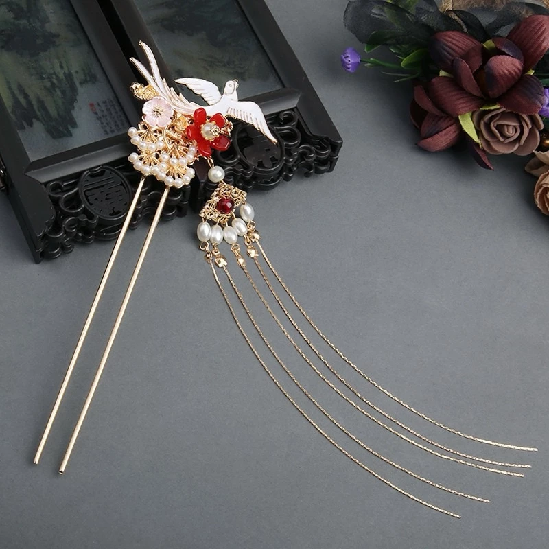 Trâm cài tóc cô dâu trâm cài phượng hoàng hoa đỏ