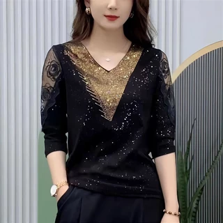 Áo Sơ Mi Cổ v Tay 3 / 4 Phối Ren Đính Đá Thời Trang Xuân Hè Cho Nữ size m-4xl