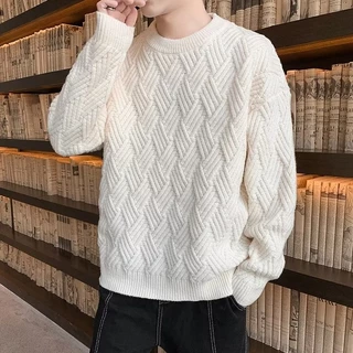 Fashion Áo Sweater Nam Sọc Cổ Tròn Nam Dáng Rộng Phối Rách Phong Cách Hàn Quốc Thời Trang Thu Đông Cho Cặp Đôi Áo Len Nam