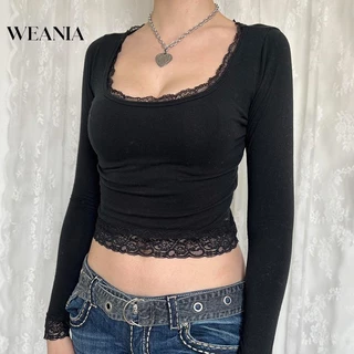 Áo croptop WEANIA cổ chữ U tay dài thời trang gợi cảm