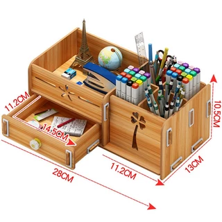 🌟Kệ bút để bàn, kệ đựng dụng cụ văn phòng, đa năng bằng gỗ HV08 - Tặng kèm 1 kệ để điện thoại 🌿