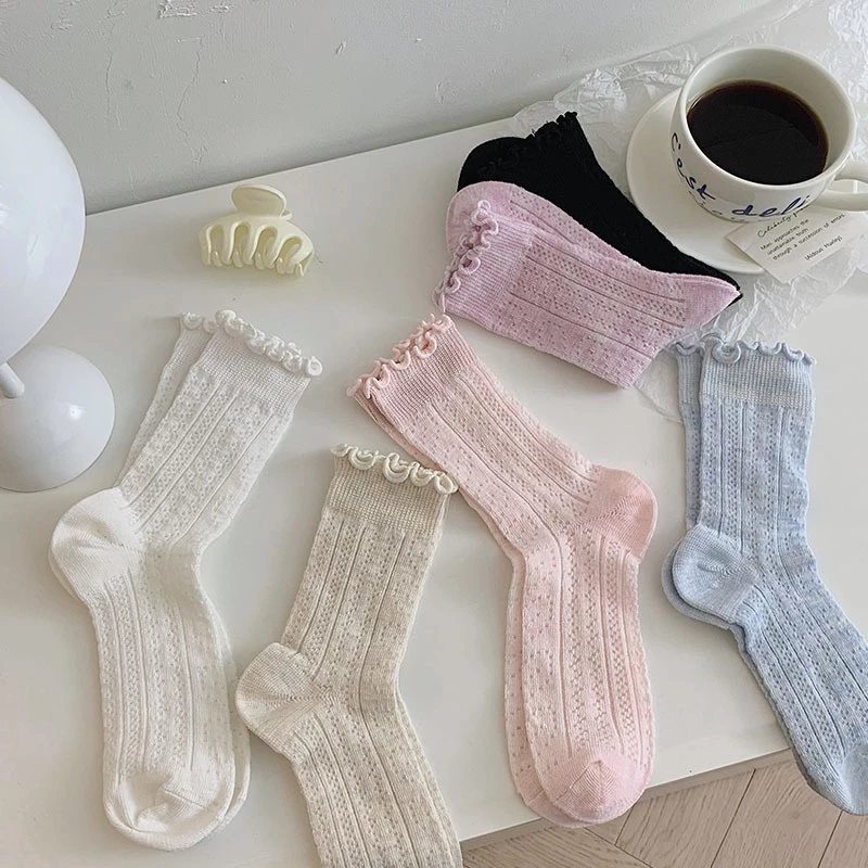 Tất Nữ Cổ Cao Phối Ren Chất Cotton Thoáng Mát Co Giãn Thoải Mái Phong Cách Vintage Nhật Bản [ Hỏa Tốc HCM ]
